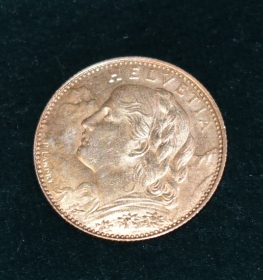 1913 10 Franc Gold Coin -face of Helvetia