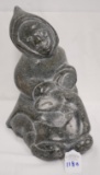 Canadian Eskimo Art Stone Carved Inuit Figure Holding a Fish