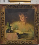 William Foster Original Oil on Canvas Woman Looking at Bronze in vintage frame