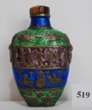 Chinese Snuff Bottle Enamel Over Brass Blue & Green