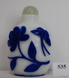 Antique White Glass with Blue Floral Overlay Snuff Bottle
