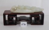 Antique Carved White Jade Cat & Kitten on Leaf