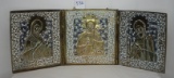 Antique Brass & Enamel Russian Icon Triptych of 3 Saints