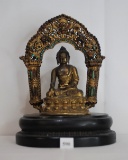 14th Century Tibetan Gilt Bronze Buddha Seated Under Arch on Wooden Base 7 inches