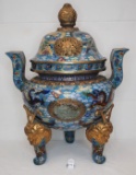 Large Cloisonné Incense Burner w/ grey jade medallions