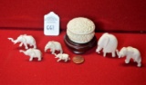 Lot of 7 Carvings, 6 Elephants, 1 floral basket