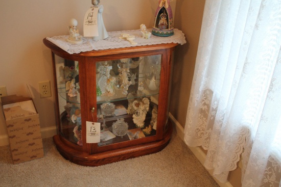 2 Tier Lighted Oak Curio Cabinet with Mirrored Back