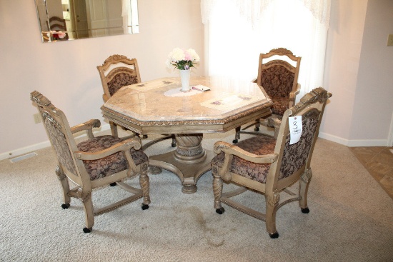 Ornate Octagon Stone Top Table w/ Antique Finish and 6 Chairs