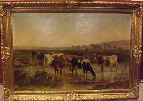 Old Oil/Board, Signed Scene With Seven Cows In Pasture