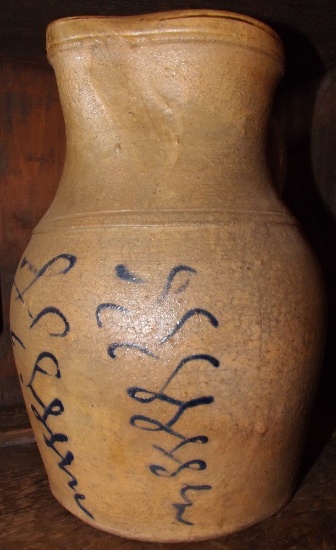 Old Stoneware Pitcher With Blue Decoration