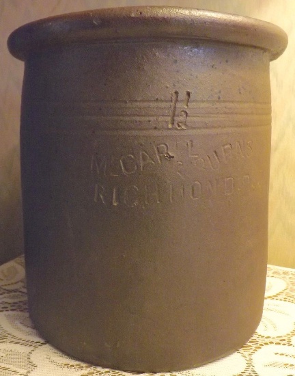 Stoneware Crock Marked "McCarrell & Burns, Richmond Ohio #1 1/2