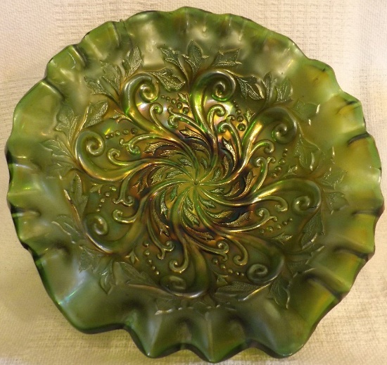 Millersburg Seaweed Pattern Green Carnival Glass Bowl, Ruffled Edge