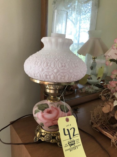 Hand-Painted Satin Glass Banquet Lamp, Dresser Tray, Lamp