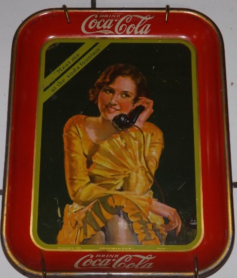 1930 Coca-Cola Tray, "Meet Me at the Soda Fountain" Scene with Girl on Phone