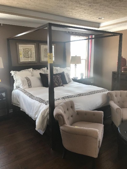 King size poster bed w/ mattress and bedding