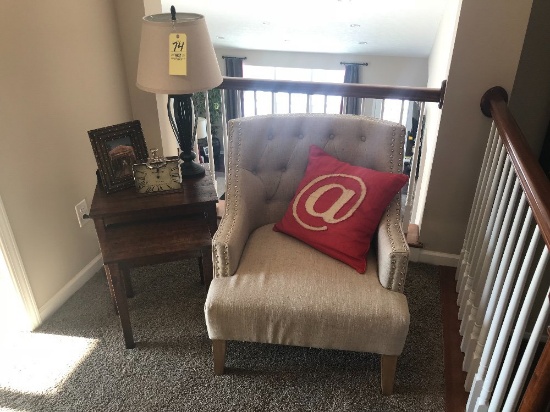 Upholstered chair w/ nail-head trim, nesting tables, lamp