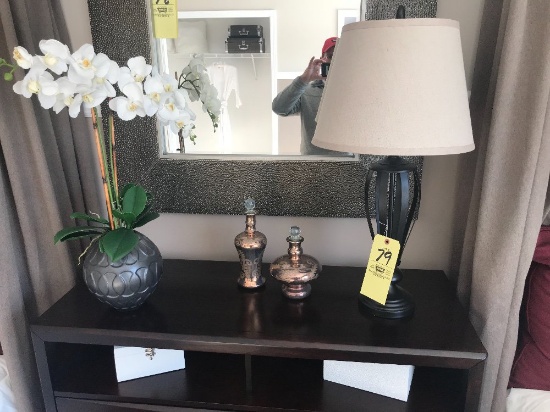 30" lamp, flowers, perfume bottles