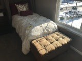 Twin bed Hollywood frame w/ mattress, bedding, & lift-top trunk (headboard & skirt NOT included))