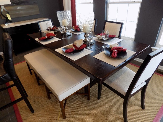 Coaster dining room table with extra leaf, bench and 4 chairs