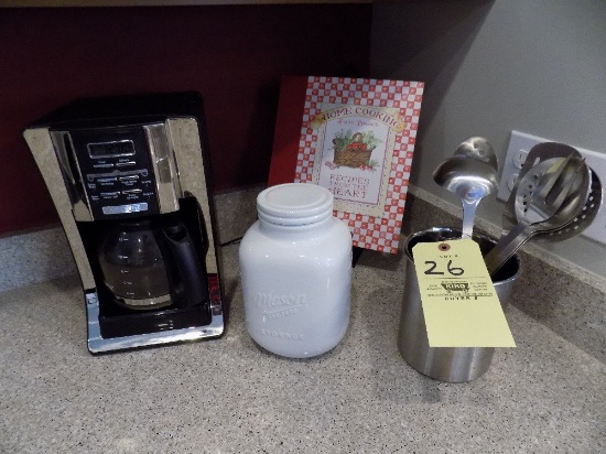 Utensils, coffee pot, ceramic mason jar, and cookbook holder