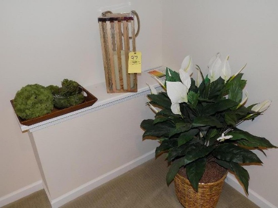 (3) Artificial plants, candle holder, and tray
