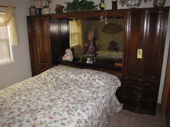 Unique queen size bed and headboard w/mirror and side cabinets