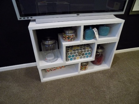 Two-Piece L-Shaped White Shelves with Jars and Storage Boxes