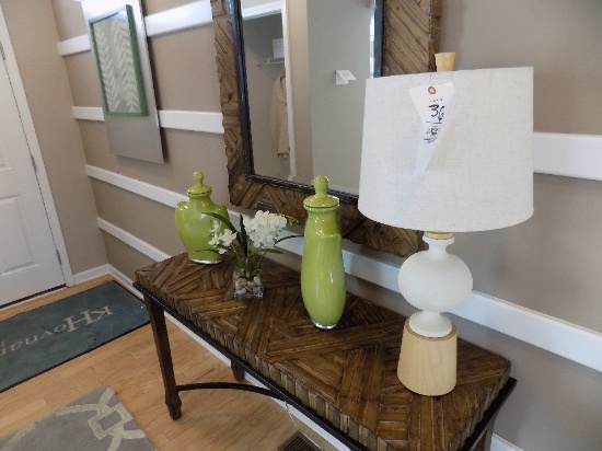 Table Lamp, Green Vases, and Plant