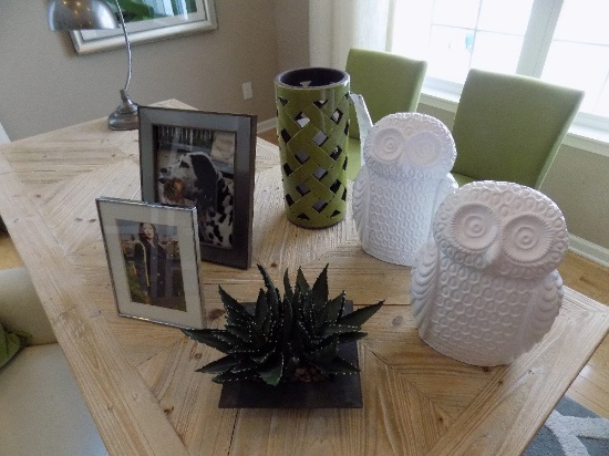 Ceramic Owls, Frames, and Candle Holder