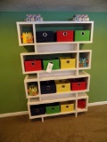 Four-Tier White Finish Shelf with Canvas Storage Boxes and Jars