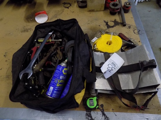 Ratchet Strap, Wheel Chock, Bag of Hand Tools