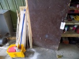 Contents of Brown Cabinet inc. Welding Rod, Hardware, Grease Gun, Mop Bucket & Loose Lumber