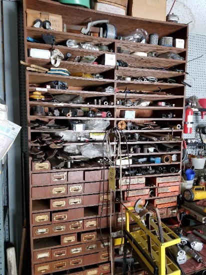 Large Wood cabinet with tools and small engine parts