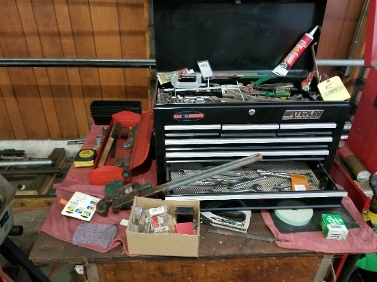 Waterloo toolbox and contents incl wrenches, sockets, plus table