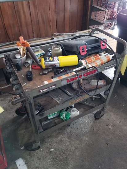 Shop cart with tools incl power stapler, tin snips, tools