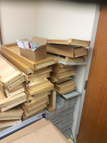 Oak bookcases with metal shelves. Note shelves are currently dismantled