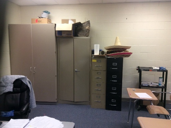 Two metal cabinets, two file cabinets & an AV cart. Contents not included