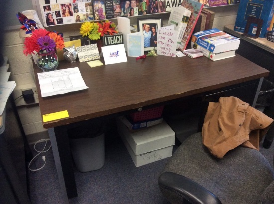 Read metal desk, one student table, three file cabinets, chair. Contents not included