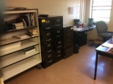 Teachers desk, three tables, three file cabinets, rolling bookshelf, four chairs