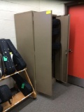 Metal cabinet, three desks, two side stands, file cabinet