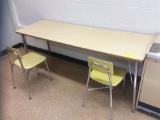 Teachers desk, two tables, two chairs, file cabinet, overhead screen. Contents are not included