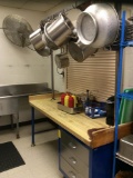 Butcher  block prep table with pot rack. Contents are not included