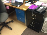 Desk, file, 2 door cabinet, sm. rd. table, w. 7 chairs, cart, bookshelf. (contents not included)