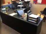 Corner desk and metal filing cabinet