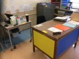 4 tables, 9 chairs, teachers desk, file (contents not included)