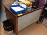 3 tables, 3 chairs, 4 stools, teachers desk, (contents not included)