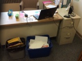 2 door cabinet, 2 files, teachers desk, student desk w/ chair, office chair, (contents not included)