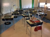 10 Student Desks and 9 Chairs. (contents not included)