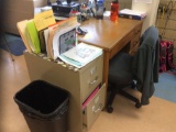Teachers desk, file cabinet, table, 6 chairs, metal cabinet. (contents not included)
