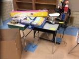 2 Student Desks, Teachers desk, metal cabinet, 2 bookcases, hot plates.(contents not included)